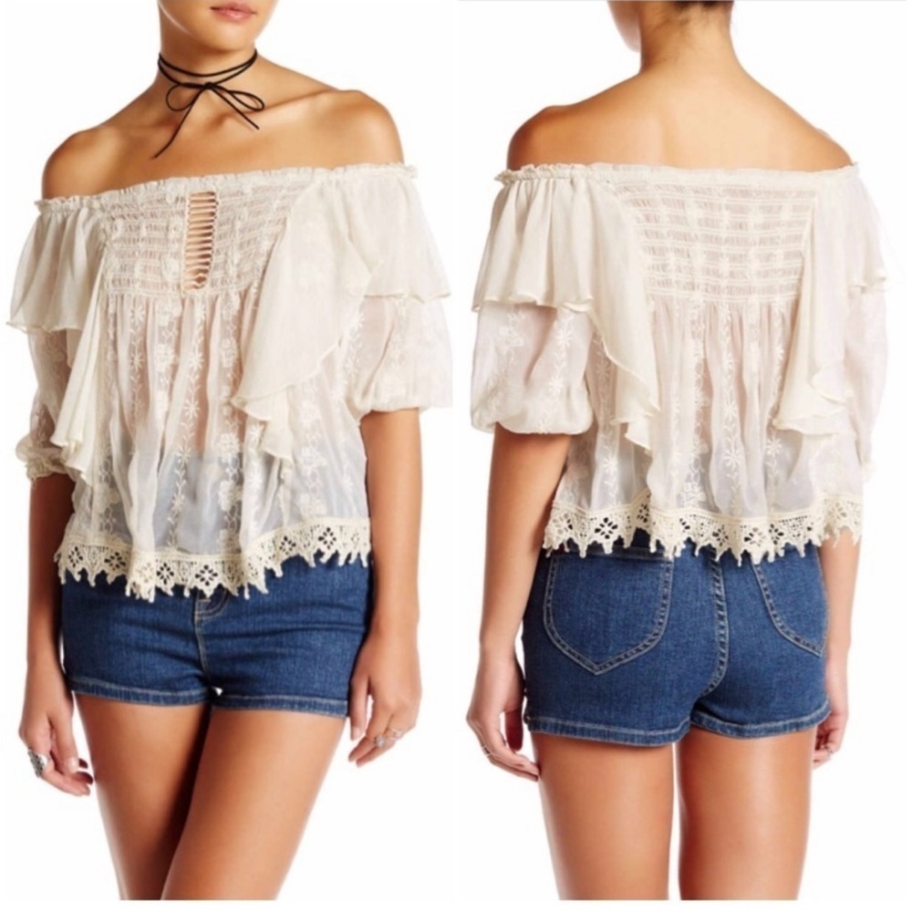Free People Cream Lace Peasant Blouse with Ruffled Shoulders - Picture 16 of 16